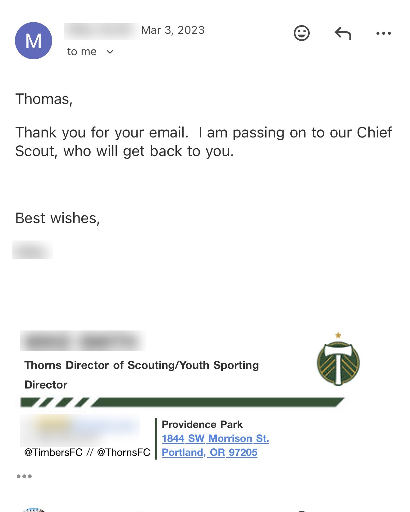 Email from a club scouting director passing the message to the chief scout