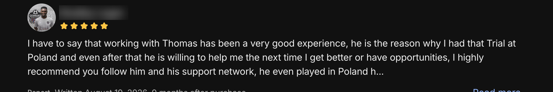 Five-star review from a player who got a trial in Poland