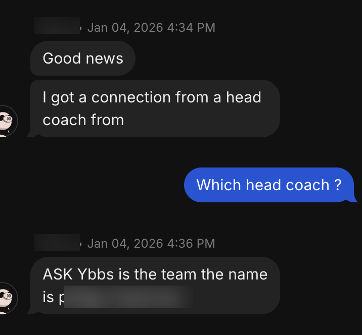 Player message about getting a connection from a head coach