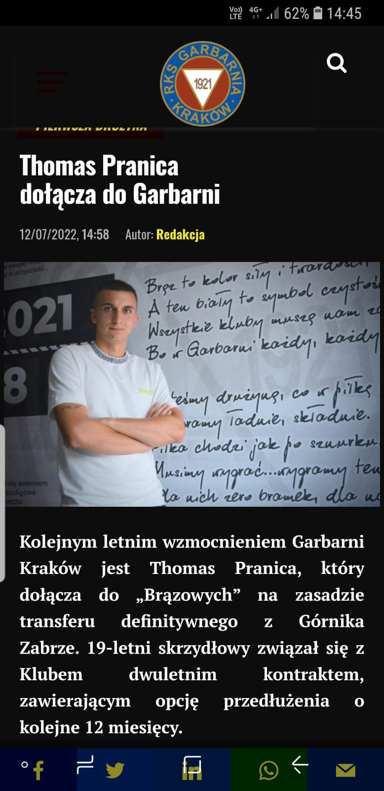 Club announcement: Thomas Pranica joins Garbarnia Kraków