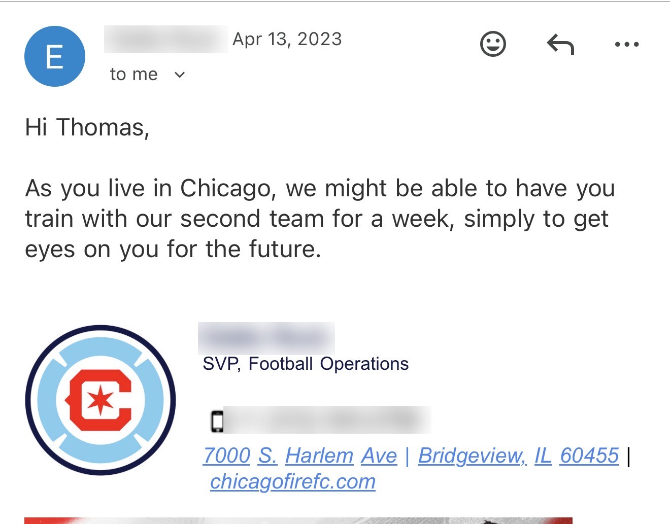 Email from a club executive offering a week of training with the second team