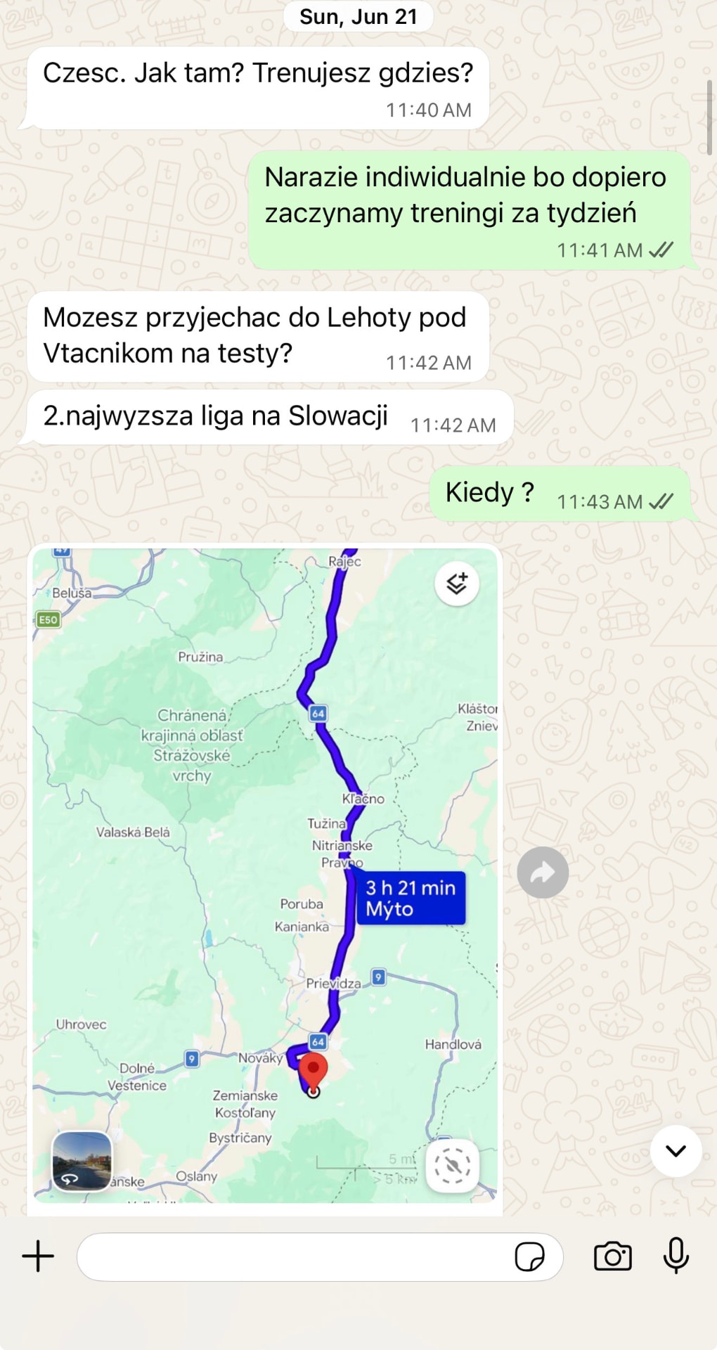 Chat leading to a trial invite with a second-tier club in Slovakia